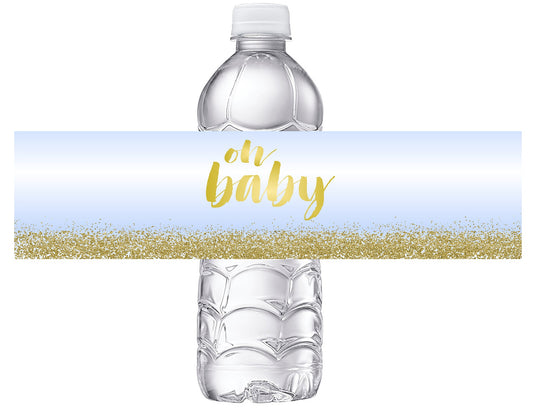 Blue and Gold Oh Baby Shower Party Favors Water Bottle Labels Ideas Supplies Decor