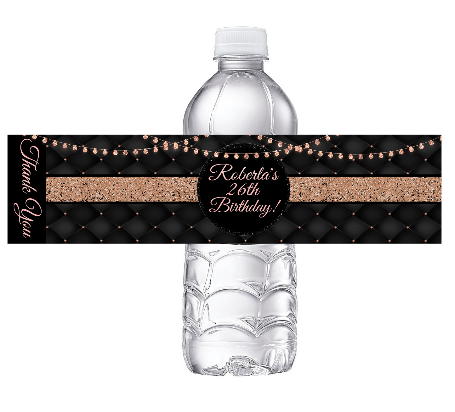 Sexy Black and Rose Gold Glitter Dusty Rose Pink Party Favors Birthday Water Bottle Labels Wrappers Supplies Personalized ideas decor Unique