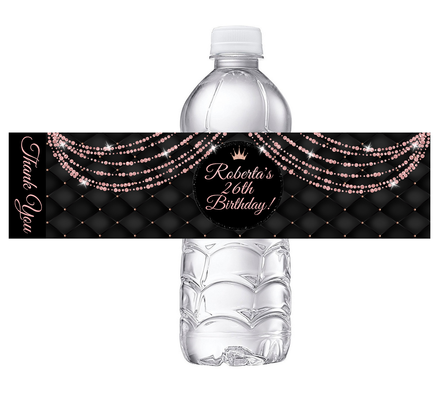 Sexy Black and Rose Gold Glitter Dusty Rose Pink Party Favors Birthday Water Bottle Labels Wrappers Supplies Personalized ideas decor Unique