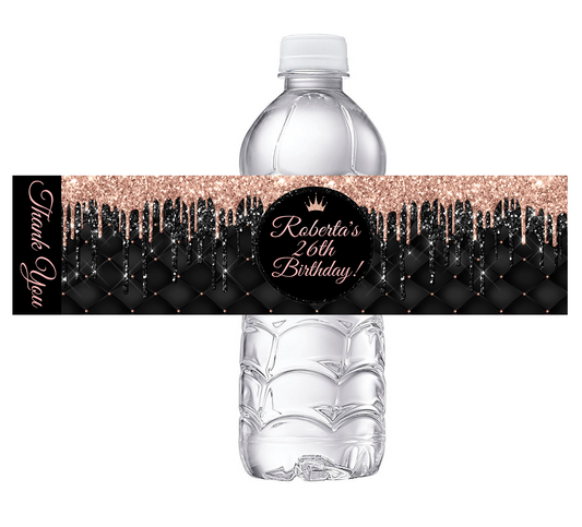 Sexy Black and Rose Gold Dripping Glitter Dusty Rose Pink Party Favors Birthday Water Bottle Labels Wrappers Supplies Personalized ideas decor Unique