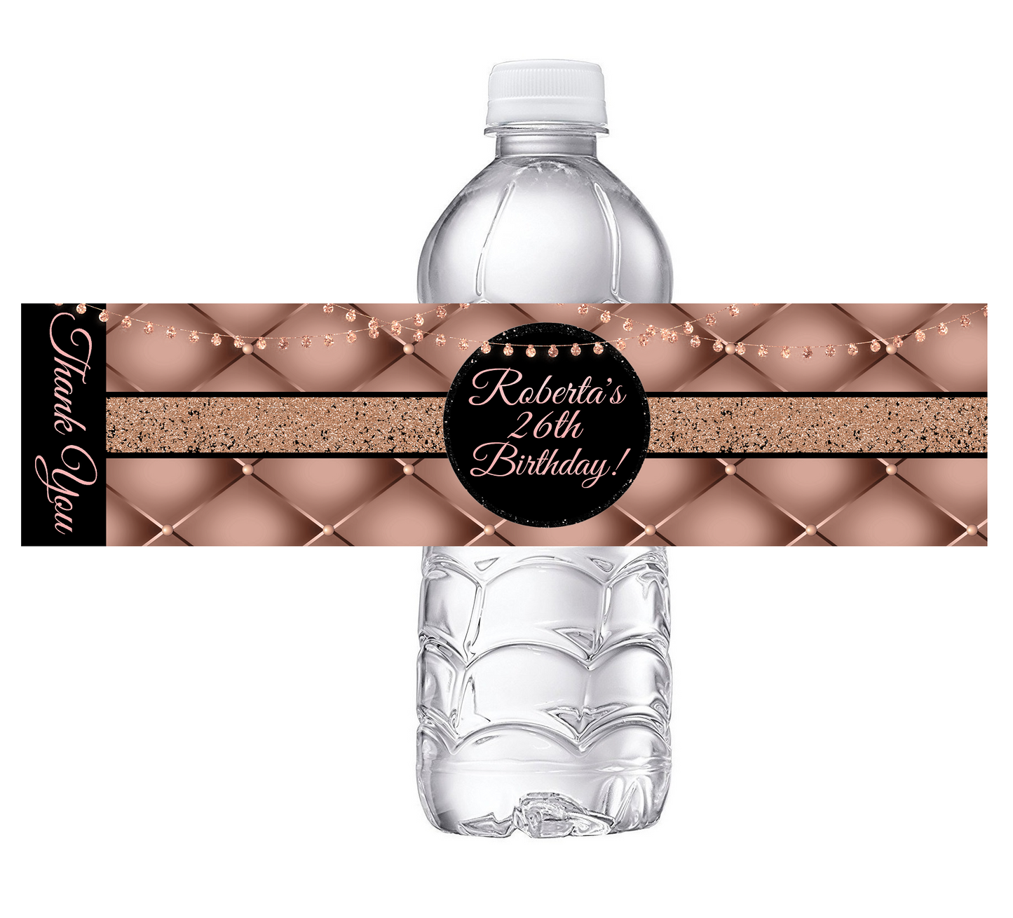 Sexy Black and Rose Gold Glitter Dusty Rose Pink Party Favors Birthday Water Bottle Labels Wrappers Supplies Personalized ideas decor Unique