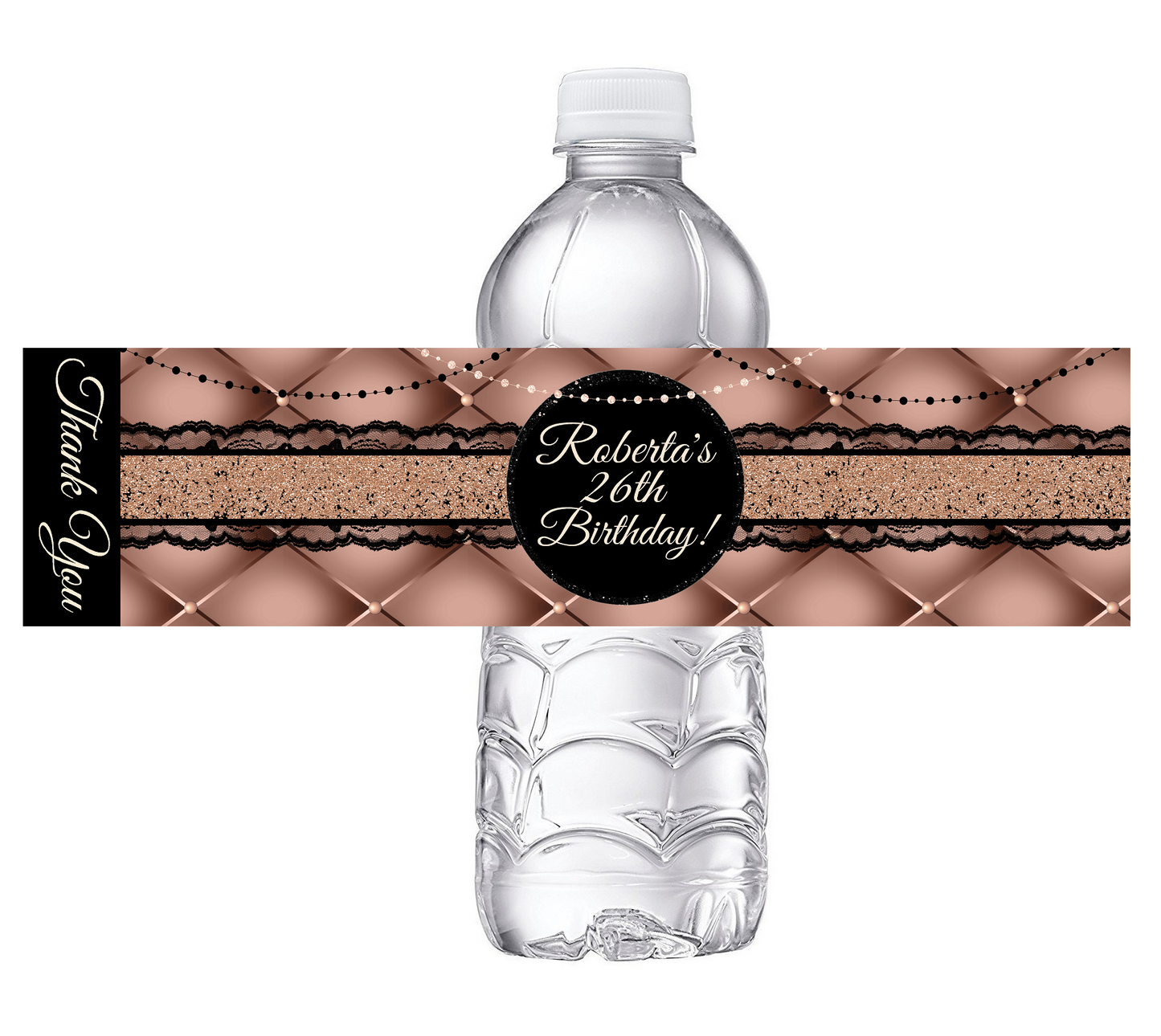 Sexy Black and Rose Gold Glitter Dusty Rose Pink Party Favors Birthday Water Bottle Labels Wrappers Supplies Personalized ideas decor Unique