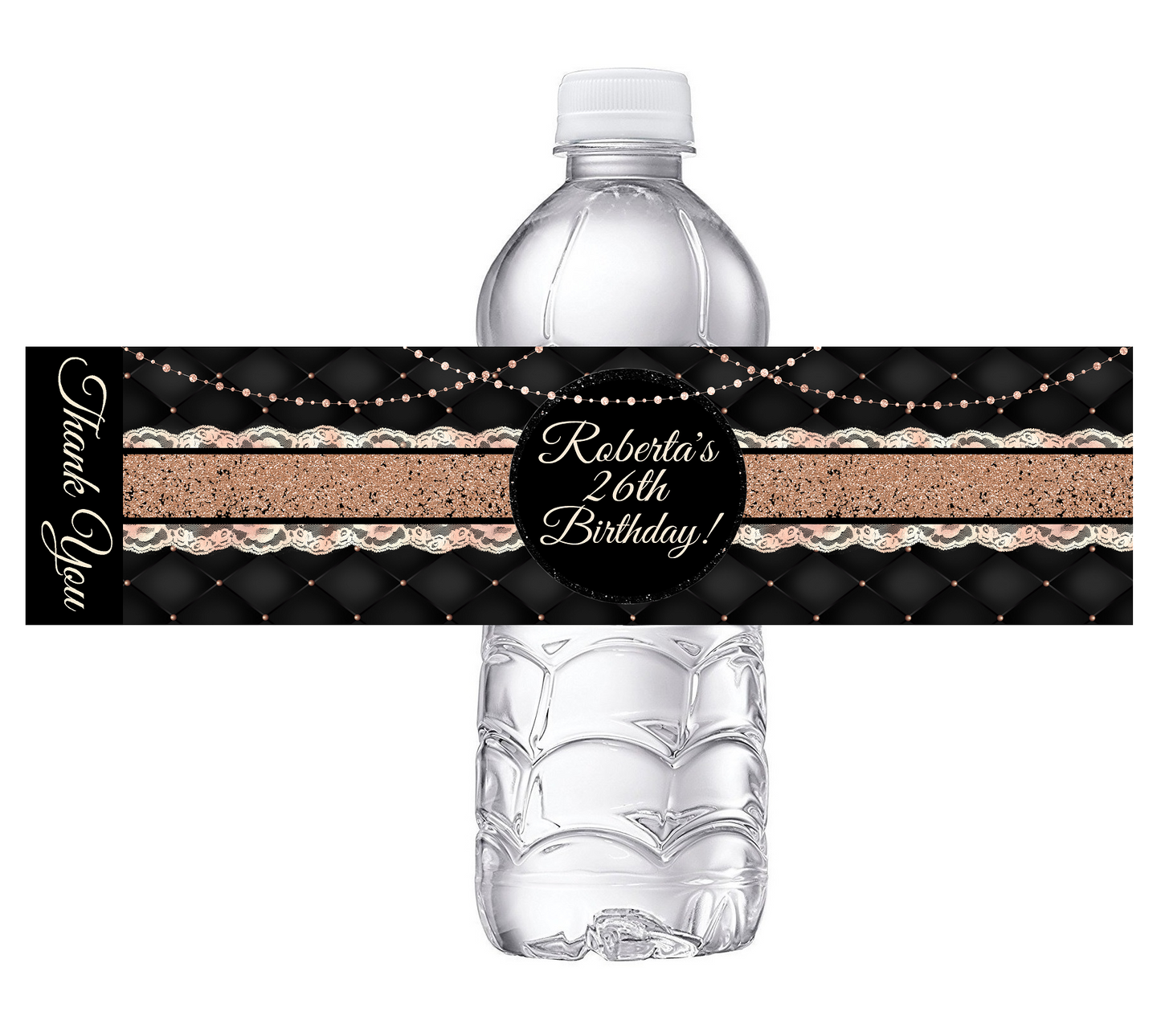 Sexy Black and Rose Gold Glitter Dusty Rose Pink Party Favors Birthday Water Bottle Labels Wrappers Supplies Personalized ideas decor Unique