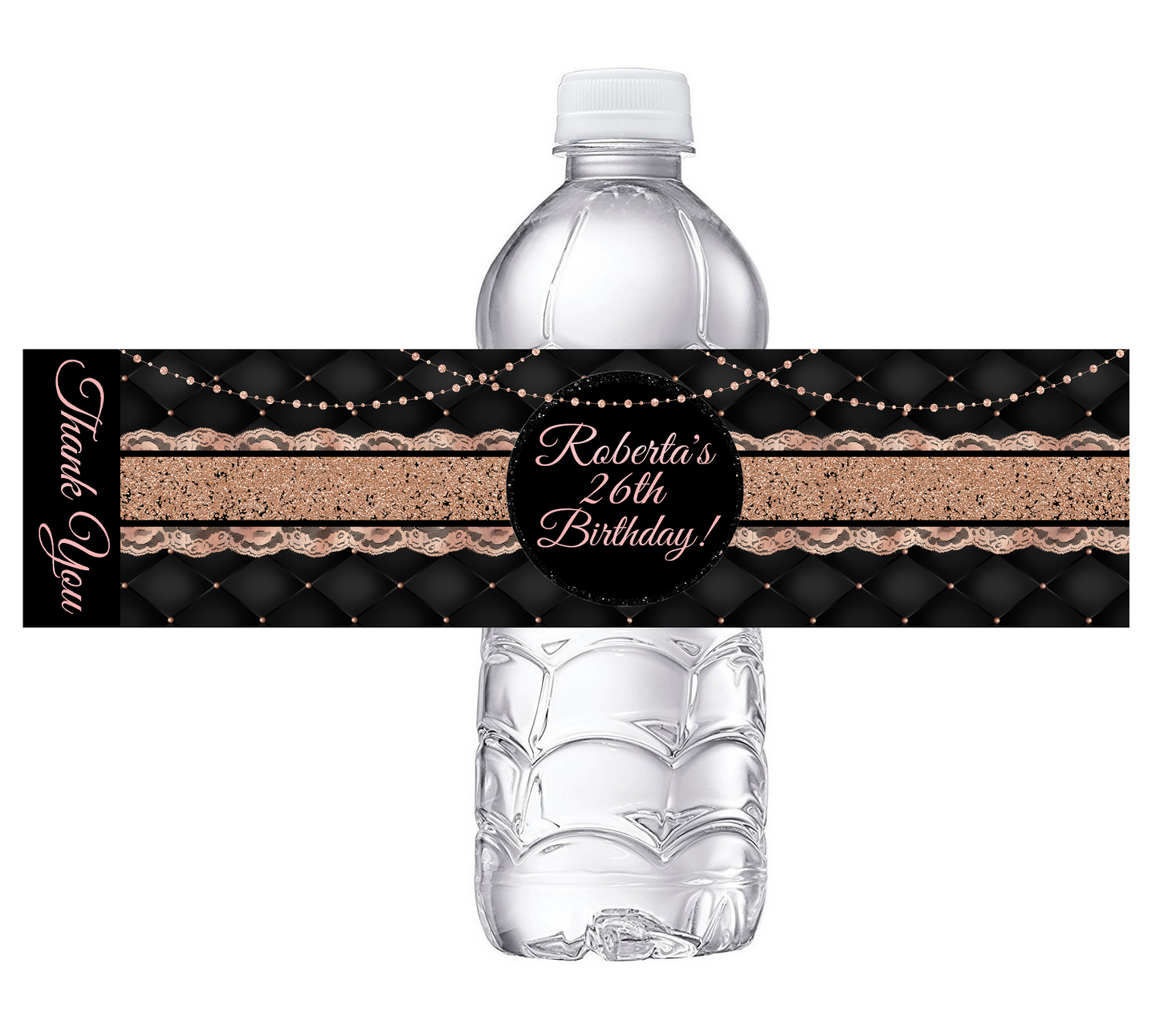 Sexy Black and Rose Gold Glitter Dusty Rose Pink Party Favors Birthday Water Bottle Labels Wrappers Supplies Personalized ideas decor Unique