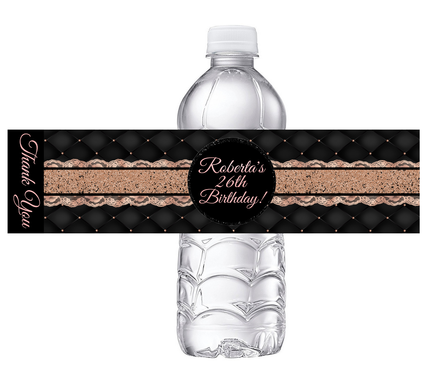 Sexy Black and Rose Gold Glitter Dusty Rose Pink Party Favors Birthday Water Bottle Labels Wrappers Supplies Personalized ideas decor Unique