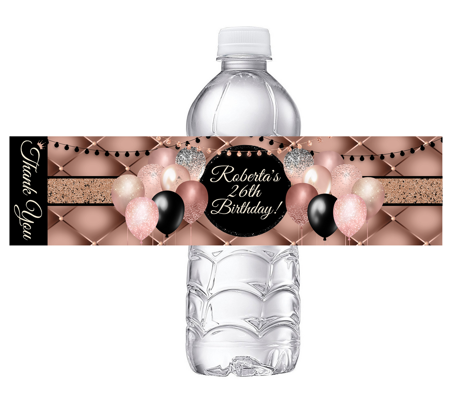 Sexy Black and Rose Gold Glitter Dusty Rose Pink Ballons Party Favors Birthday Water Bottle Labels Wrappers Supplies Personalized ideas decor Unique