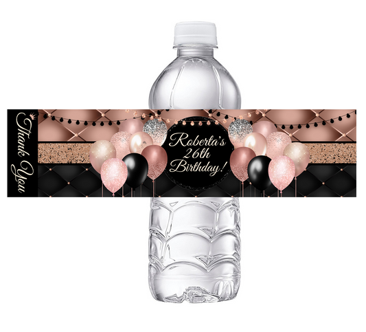 Sexy Black and Rose Gold Glitter Dusty Rose Pink Ballons Party Favors Birthday Water Bottle Labels Wrappers Supplies Personalized ideas decor Unique