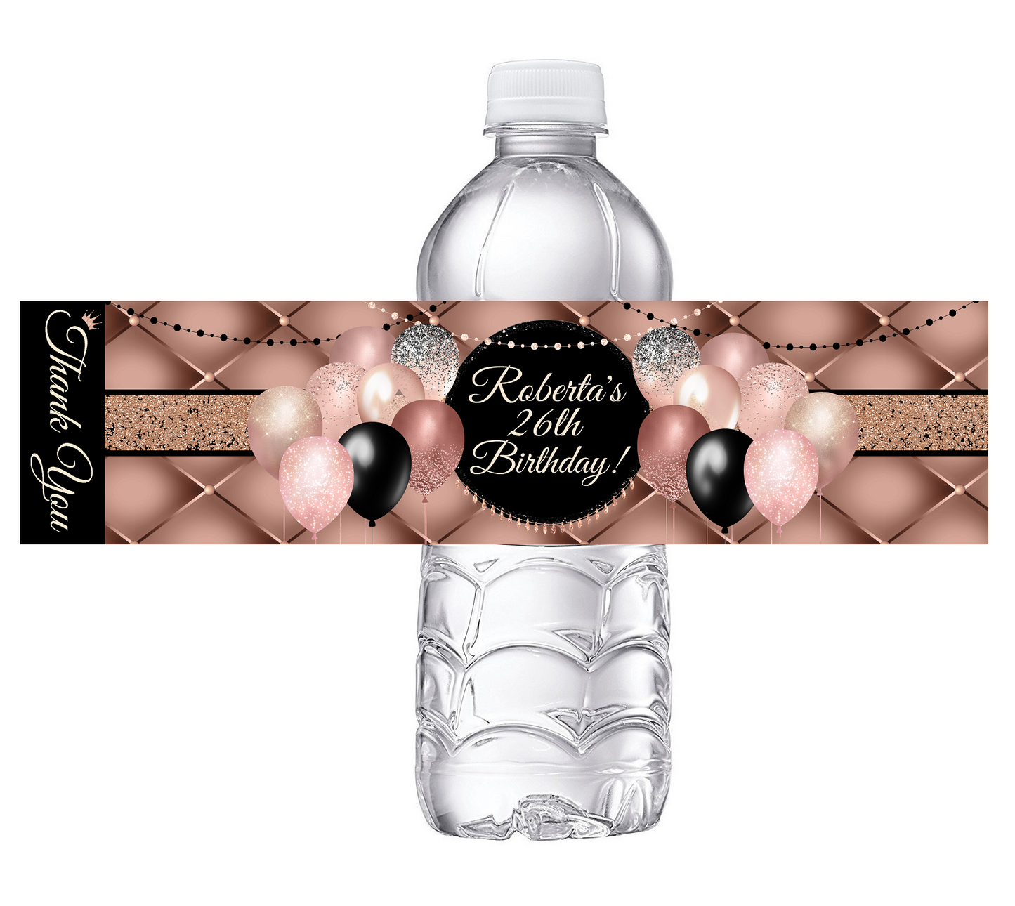 Sexy Black and Rose Gold Glitter Dusty Rose Pink Ballons Party Favors Birthday Water Bottle Labels Wrappers Supplies Personalized ideas decor Unique