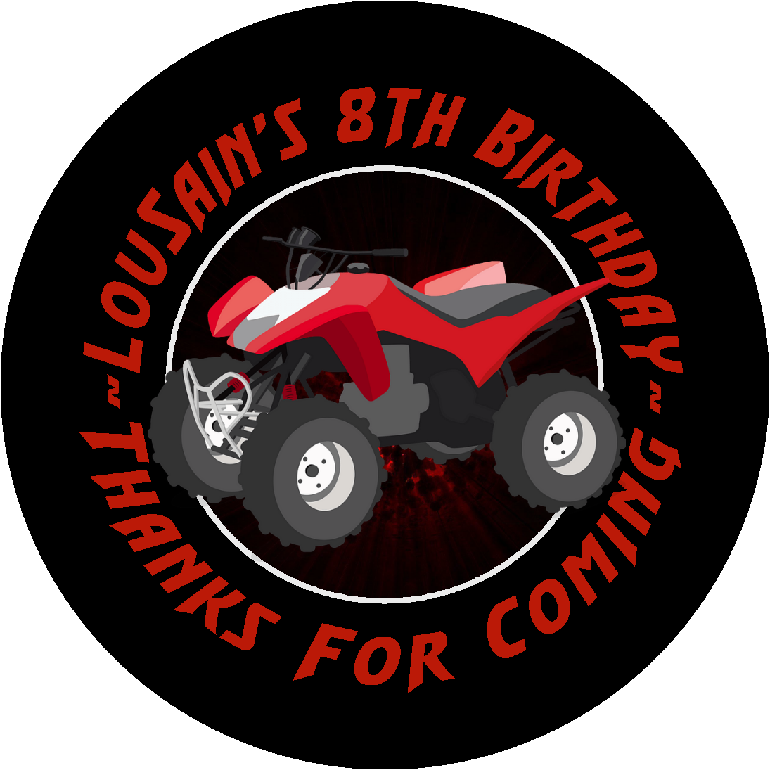 Party Favors ATV Red and Black Four Wheeler birthday round  stickers  personalized supplies labels