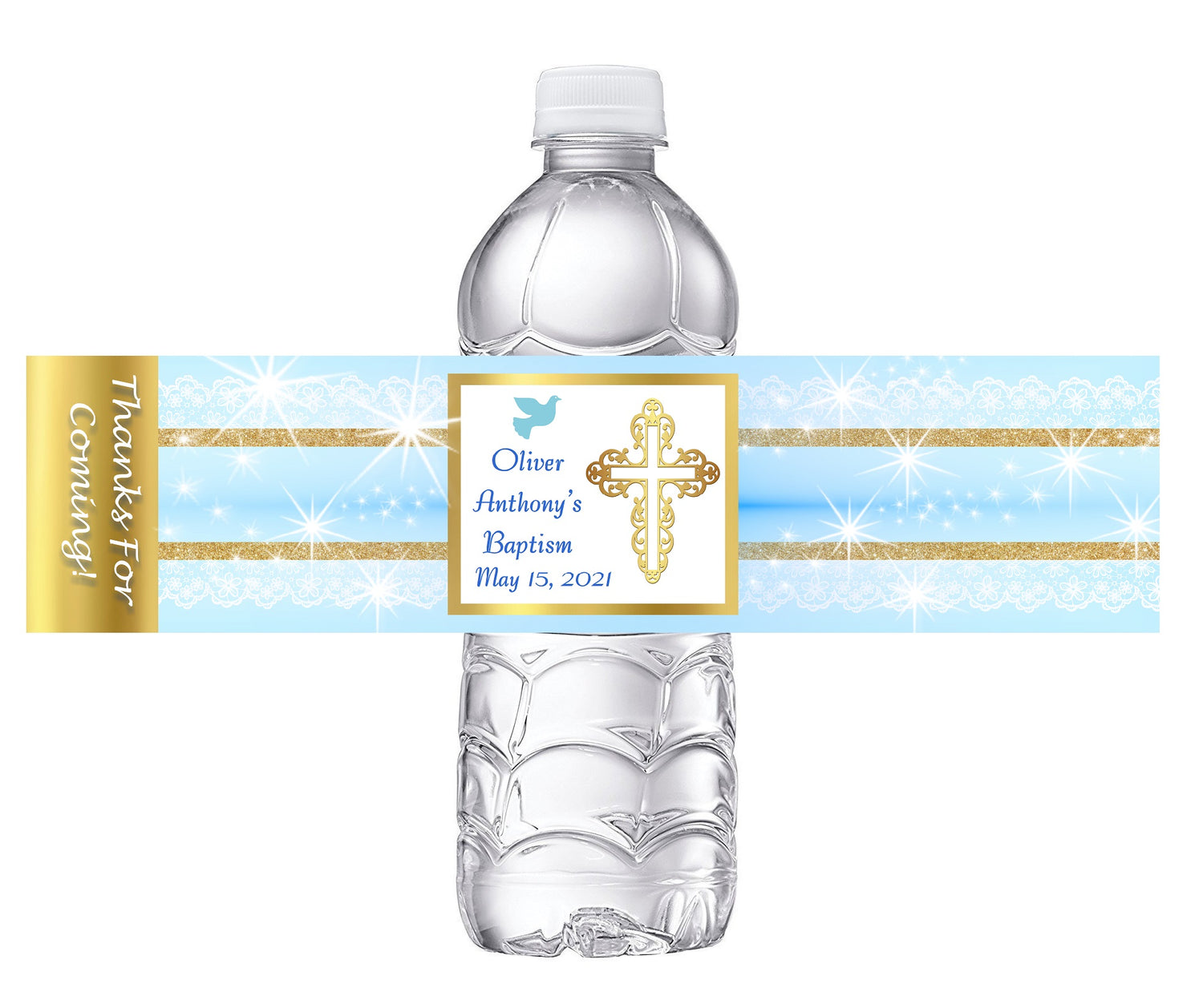 Blue White and Gold Baptism Party Favors Water Bottle Labels Ideas Supplies Decor