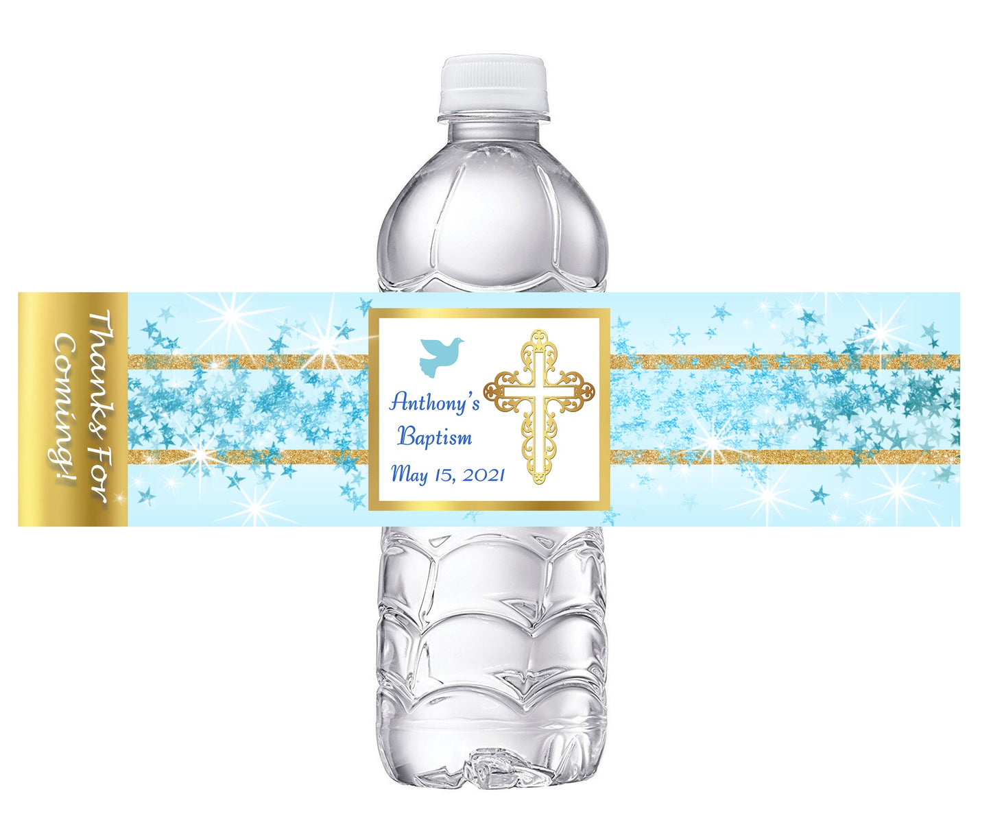 Blue White and Gold Baptism Favors Water Bottle Labels Ideas Supplies Decor