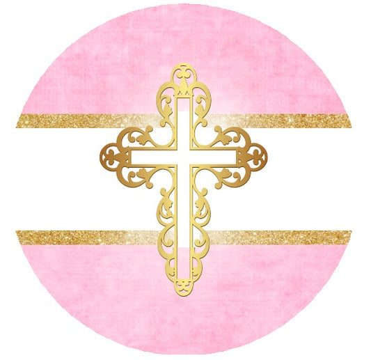 Party Favors Girl's Pink Gold & White Baptism Christening Cross Round  Stickers  Supplies Labels