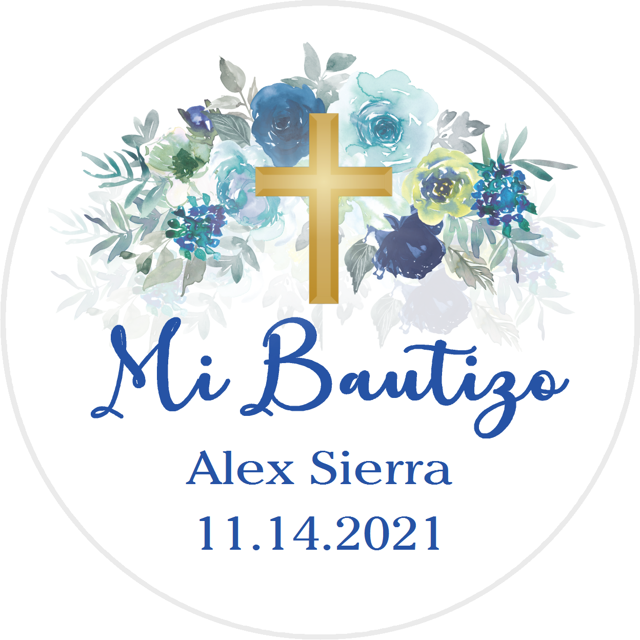 Party Favors Mi Bautizo Gold Cross Blue Green and White Floral Christening Baptism Round  Stickers  Supplies Labels