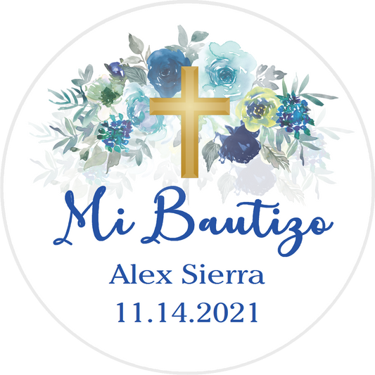 Party Favors Mi Bautizo Gold Cross Blue Green and White Floral Christening Baptism Round  Stickers  Supplies Labels