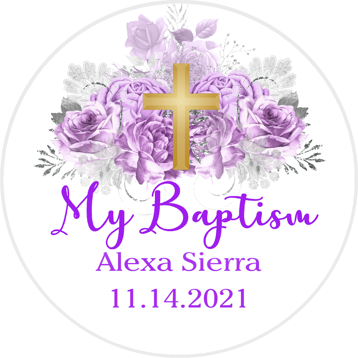 Party Favors Gold Cross Purple Silver and White Floral Christening Baptism Round  Stickers  Supplies Labels