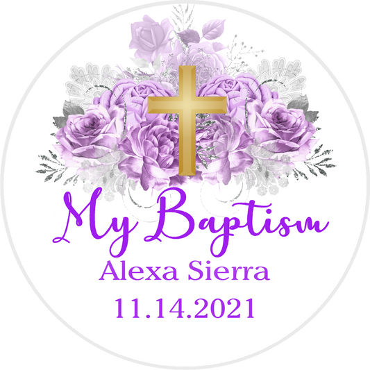 Party Favors Gold Cross Purple Silver and White Floral Christening Baptism Round  Stickers  Supplies Labels