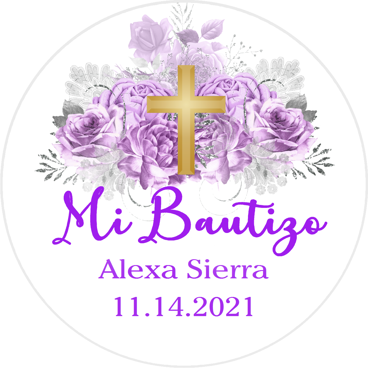 Party Favors Mi Bautizo Gold Cross Purple Silver and White Floral Christening Baptism Round  Stickers  Supplies Labels