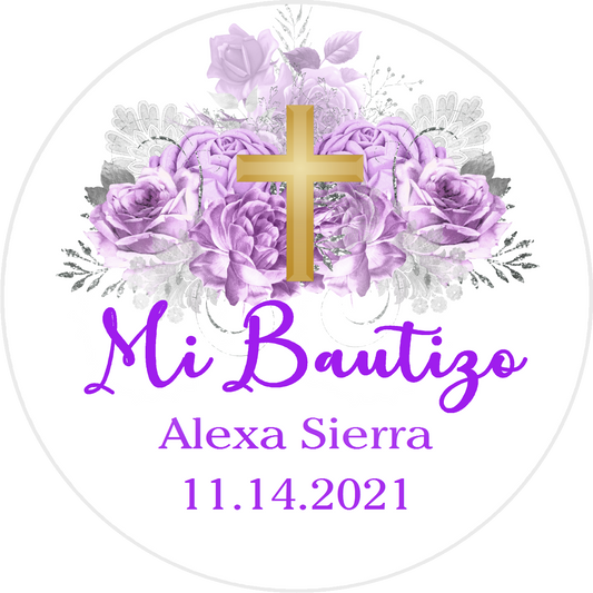 Party Favors Mi Bautizo Gold Cross Purple Silver and White Floral Christening Baptism Round  Stickers  Supplies Labels