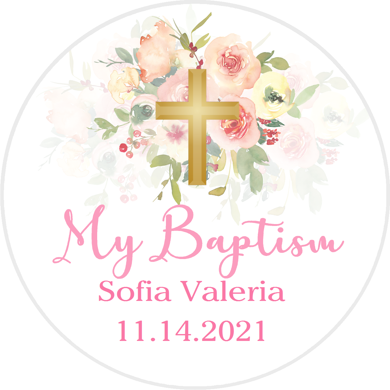 Party Favors Gold Cross Pink Green and Yellow Floral Christening Baptism Round  Stickers  Supplies Labels