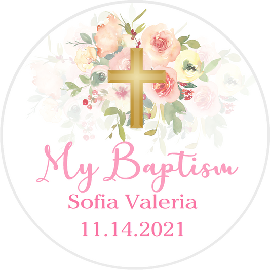 Party Favors Gold Cross Pink Green and Yellow Floral Christening Baptism Round  Stickers  Supplies Labels