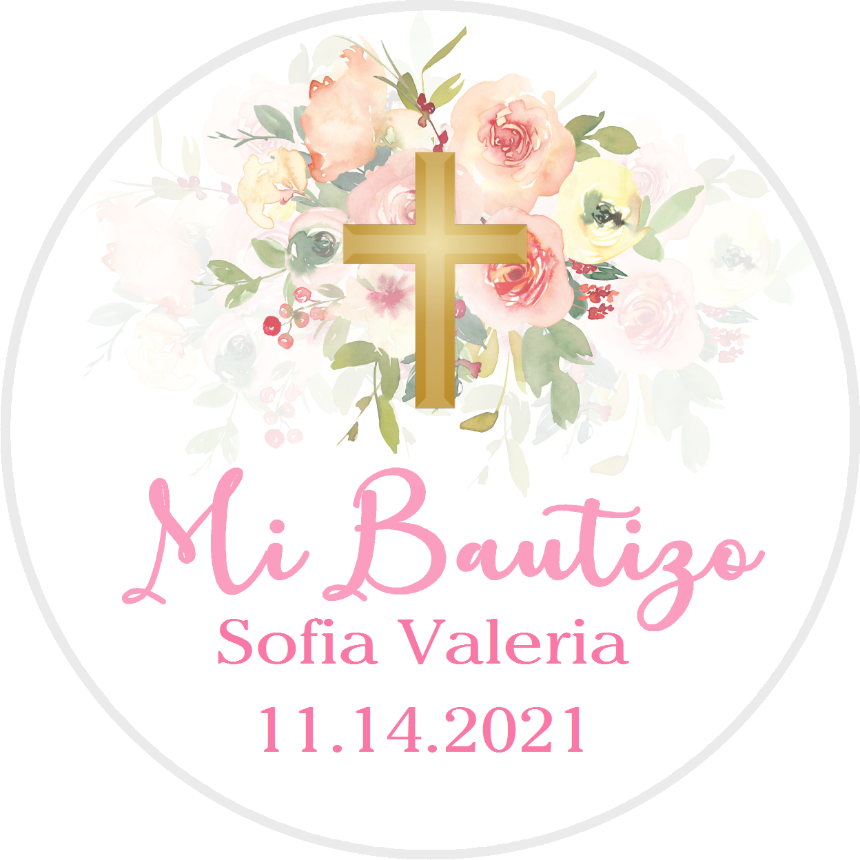 Party Favors Mi Bautizo Gold Cross Pink Green and Yellow Floral Christening Baptism Round  Stickers  Supplies Labels