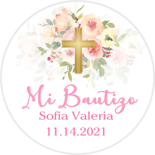 Party Favors Mi Bautizo Gold Cross Pink Green and Yellow Floral Christening Baptism Round  Stickers  Supplies Labels