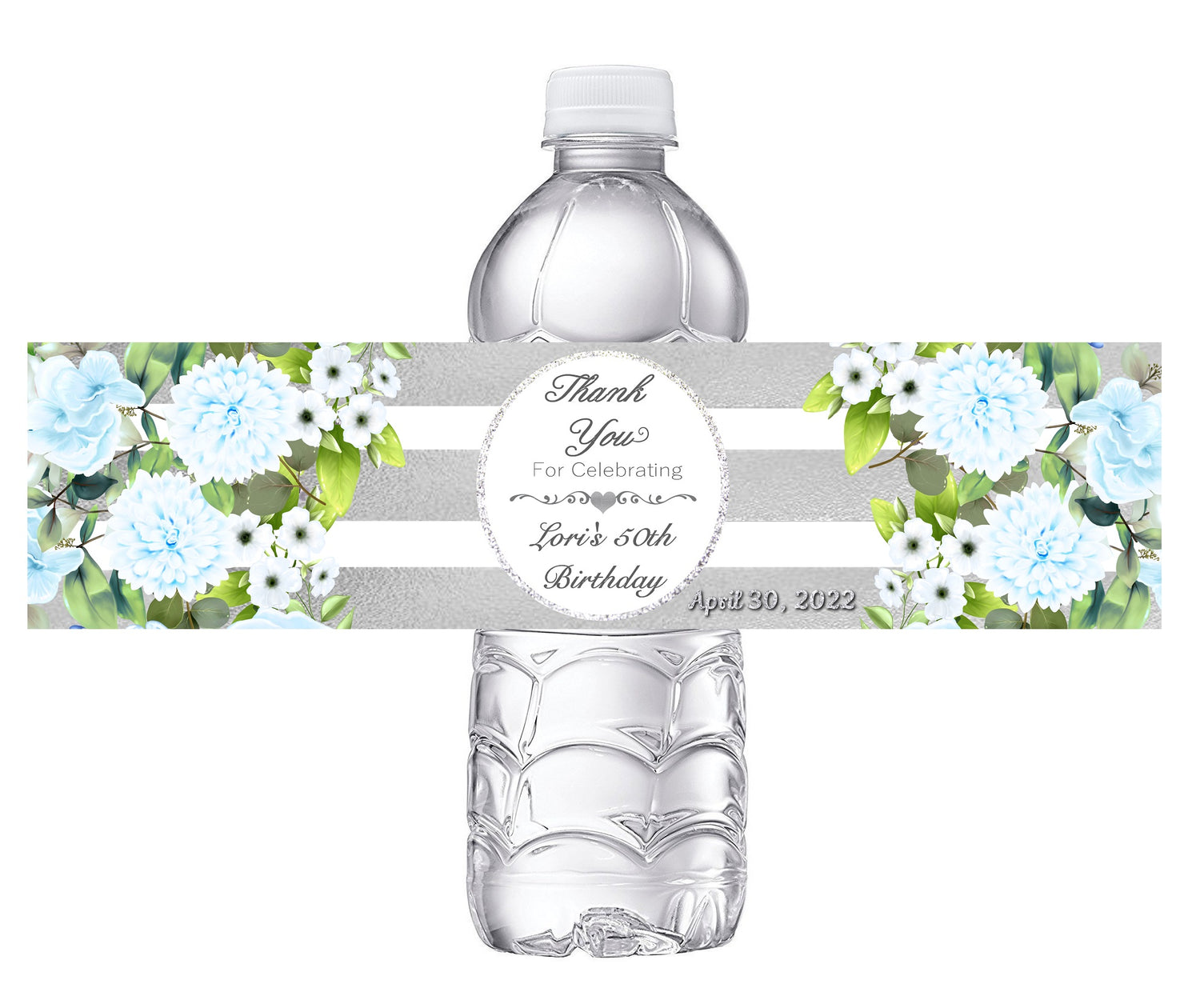 Blue Silver and White Floral Birthday Party Favors Water Bottle Labels Ideas Supplies Decor