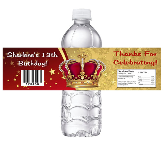 Red Burgundy and Gold King Queen Crown Birthday Party Favors Water Bottle Labels Ideas Supplies Decor