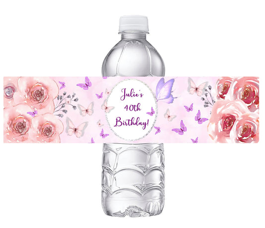 Purple Pink Gray and White Birthday Party Favors Water Bottle Labels Ideas Supplies Decor