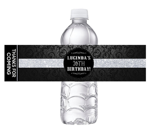 Black and Silver Men's or Women's Party Favors Birthday Water Bottle Labels Wrappers Supplies Personalized ideas decor Unique