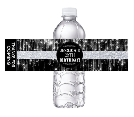 Black and Silver Glitter Party Favors Birthday Water Bottle Labels Wrappers Supplies Personalized ideas decor Unique