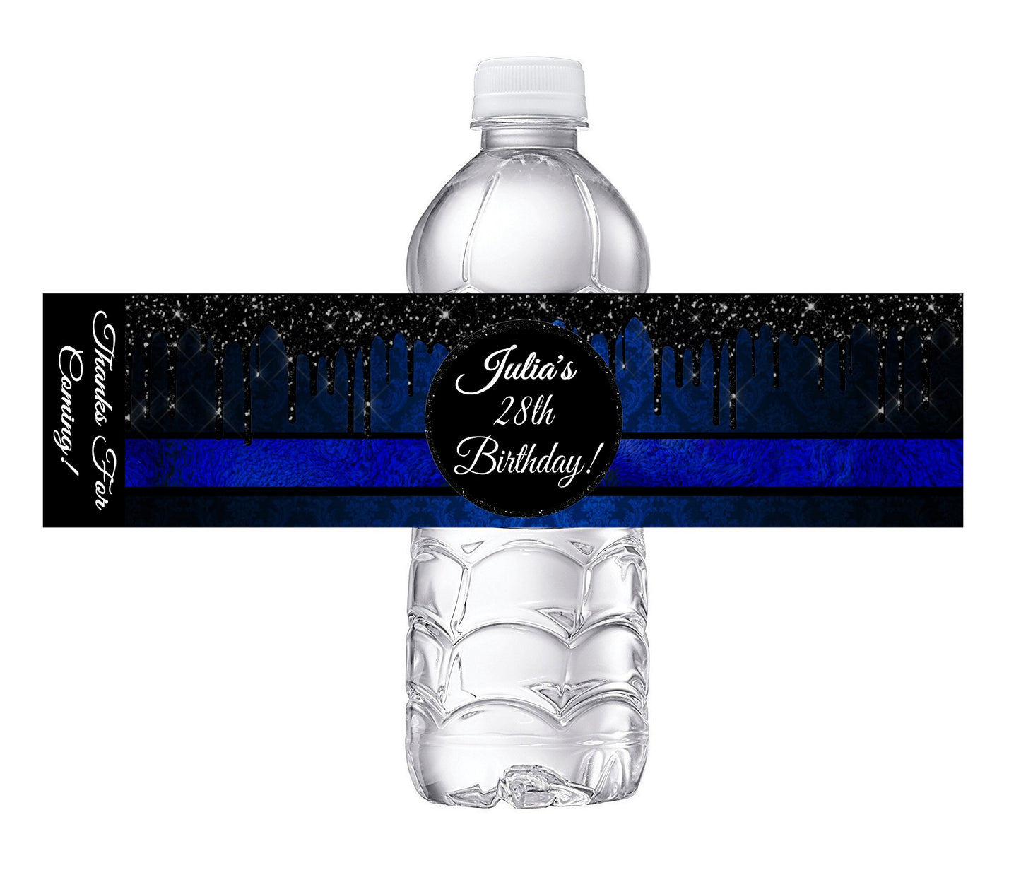 Blue and Black Glitter Men's or Women's Party Favors Birthday Water Bottle Labels Wrappers Supplies Personalized ideas decor Unique