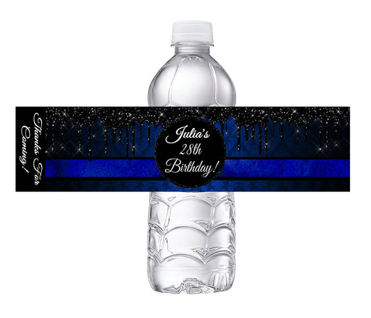 Blue and Black Glitter Men's or Women's Party Favors Birthday Water Bottle Labels Wrappers Supplies Personalized ideas decor Unique