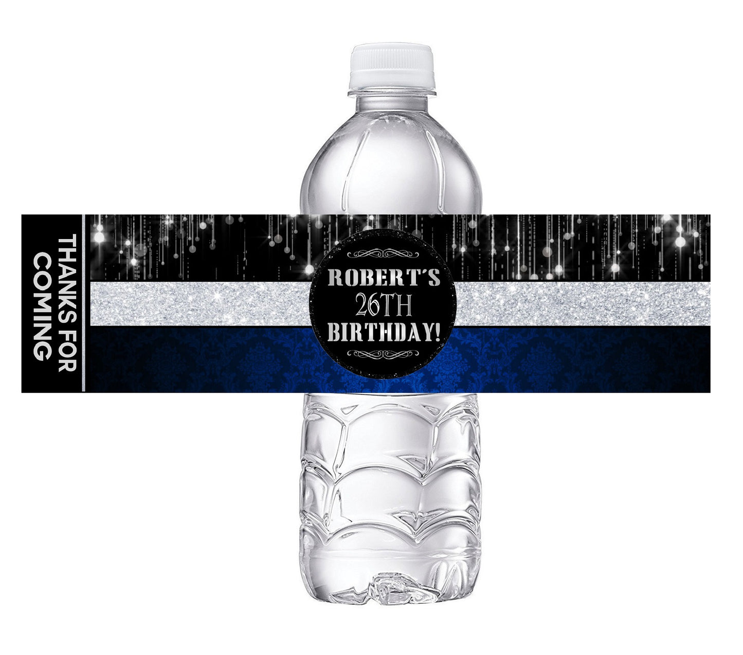 Blue Black and Silver Glitter Party Favors Birthday Water Bottle Labels Wrappers Supplies Personalized ideas decor Unique