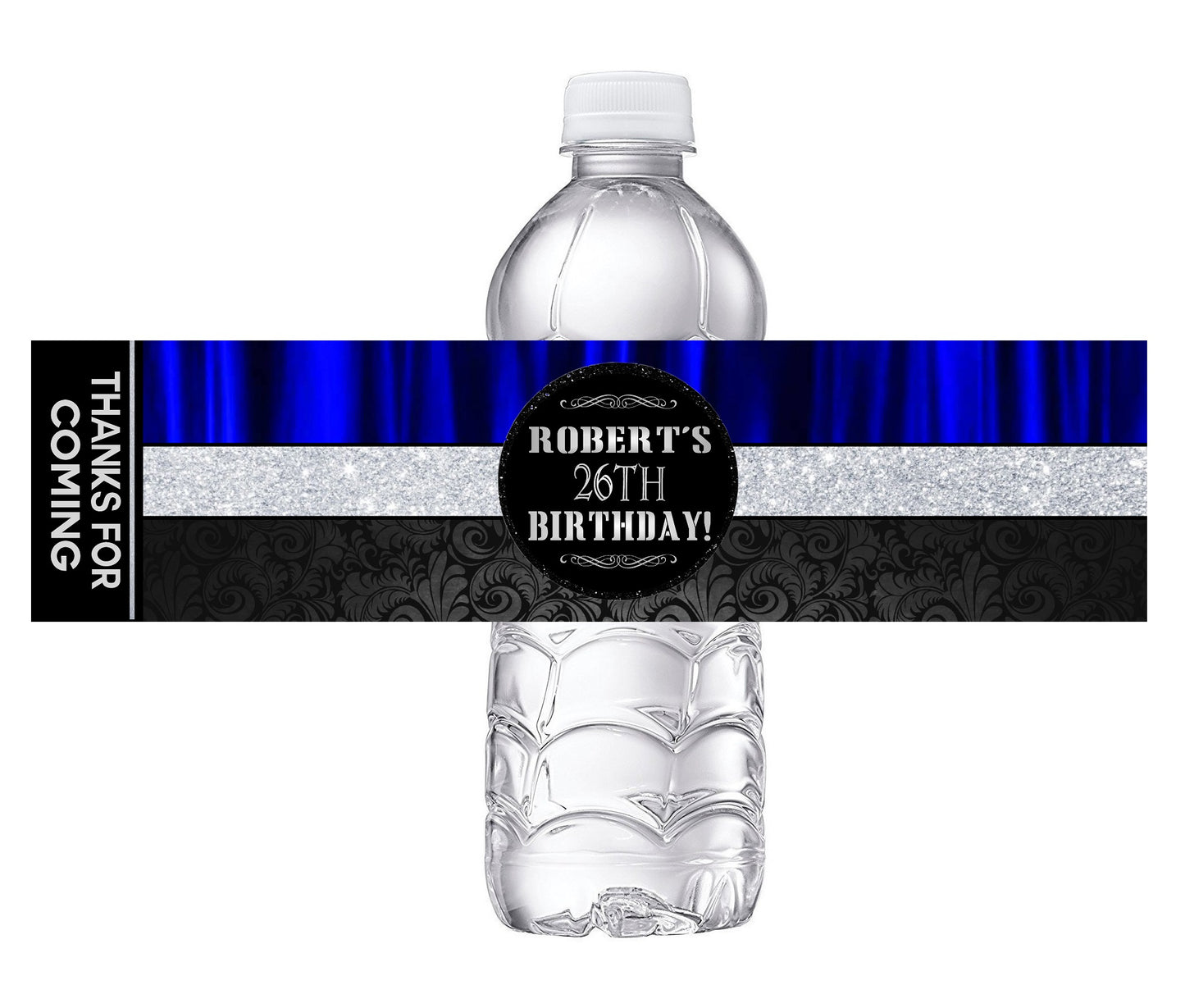 Blue Black and Silver Glitter Party Favors Birthday Water Bottle Labels Wrappers Supplies Personalized ideas decor Unique