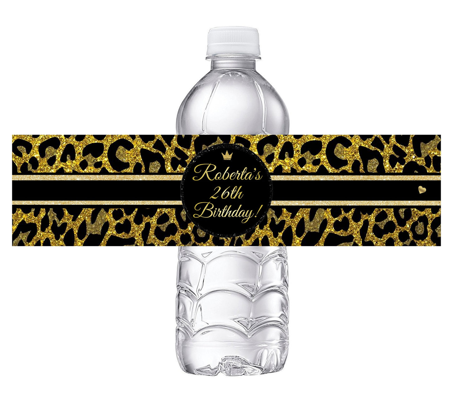 Black and Gold Leopard Print Glitter Party Favors Birthday Water Bottle Labels Wrappers Supplies Personalized ideas decor Unique