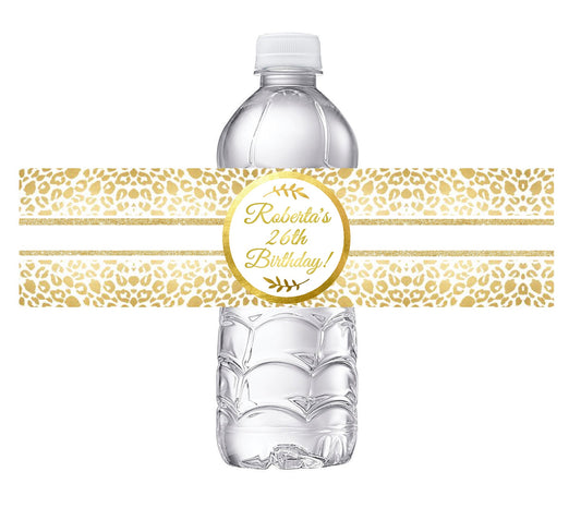 White and Gold Leopard Print Glitter Party Favors Birthday Water Bottle Labels Wrappers Supplies Personalized ideas decor Unique