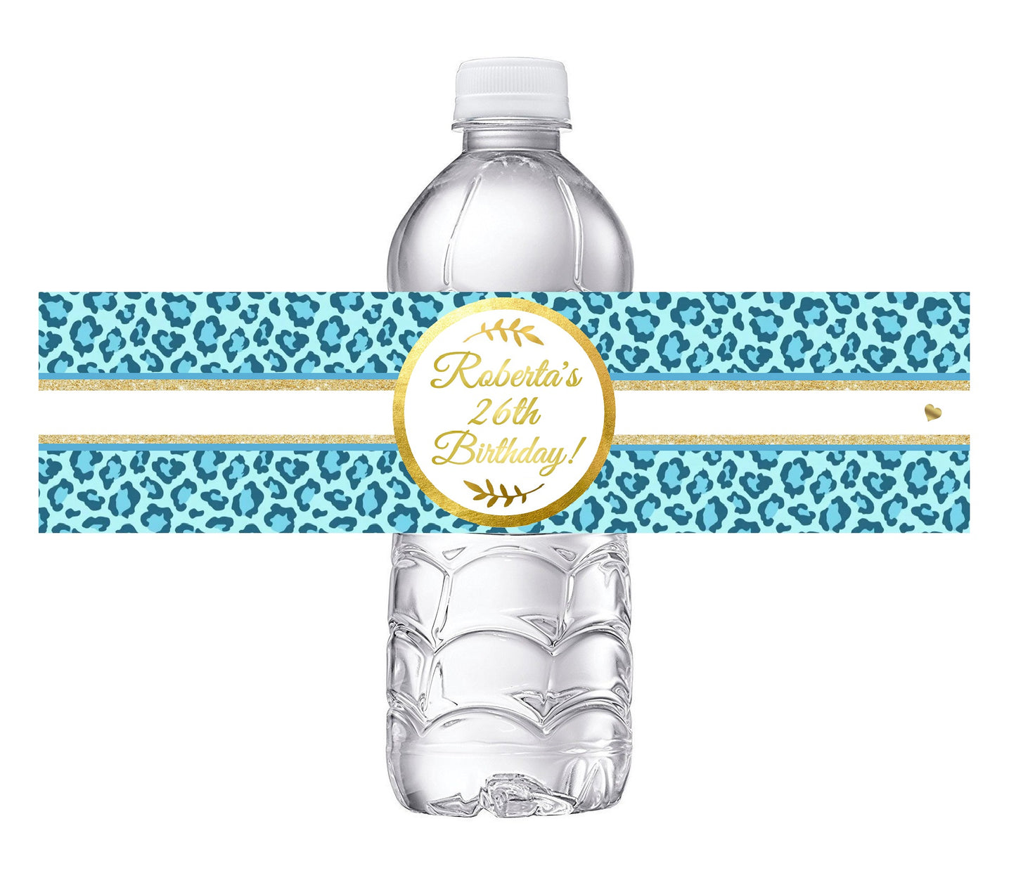 Blue White and Gold Leopard Print Glitter Party Favors Birthday Water Bottle Labels Wrappers Supplies Personalized ideas decor Unique