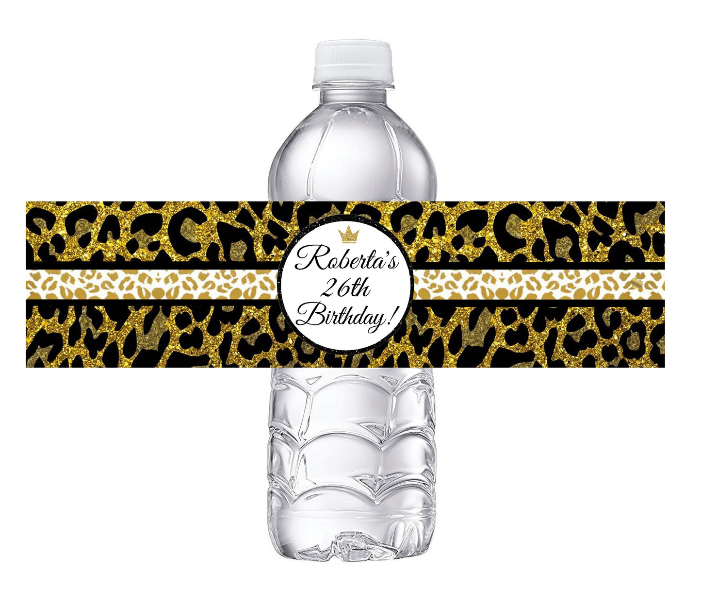 Black White and Gold Leopard Print Glitter Party Favors Birthday Water Bottle Labels Wrappers Supplies Personalized ideas decor Unique