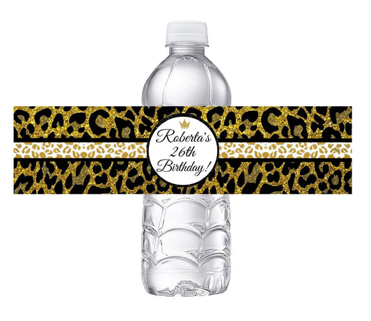 Black White and Gold Leopard Print Glitter Party Favors Birthday Water Bottle Labels Wrappers Supplies Personalized ideas decor Unique