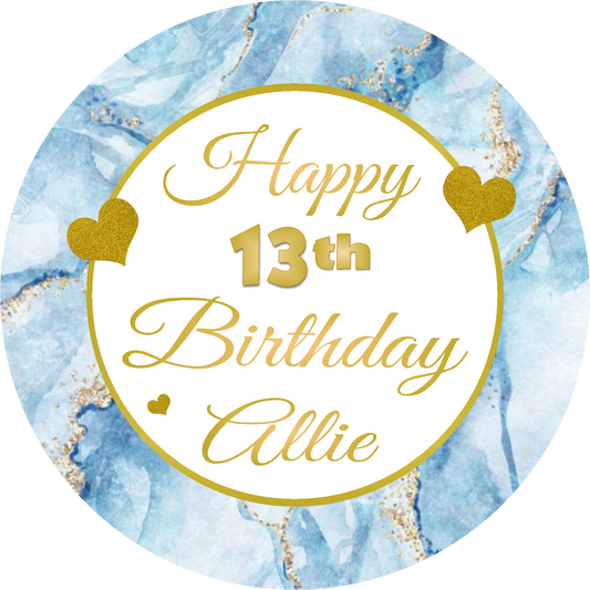 Turquoise Teal Blue Gold and White Birthday Party Favors Personalized Round Stickers Supplies Labels