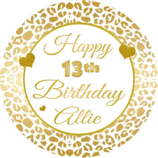 Gold Leopard Print and White Birthday Party Favors Personalized Round Stickers Supplies Labels