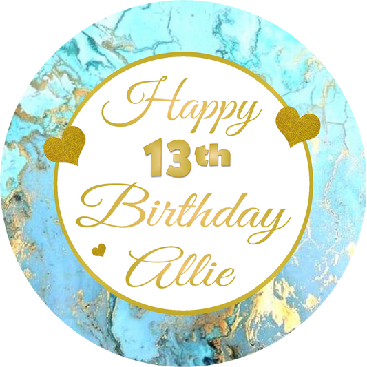 Turquoise Teal Blue Gold and White Birthday Party Favors Personalized Round Stickers Supplies Labels