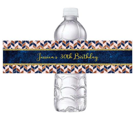 Chevron Navy Blue and Rose Gold Birthday Party Favors Water Bottle Labels Ideas Supplies Decor