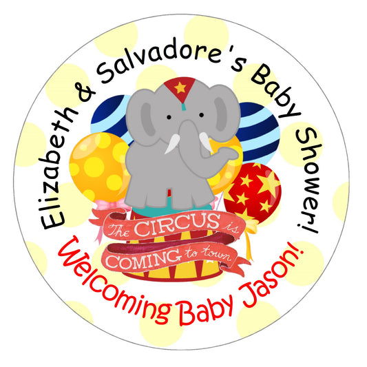 Circus Elephant Party Favors Personalized Baby Shower Round Stickers Supplies Labels ideas