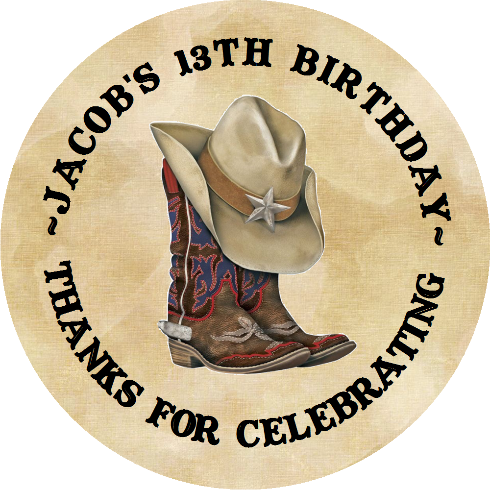 Party Favors Country Western Cowboy Boots Hat Personalized Birthday Round  Stickers  Supplies Labels