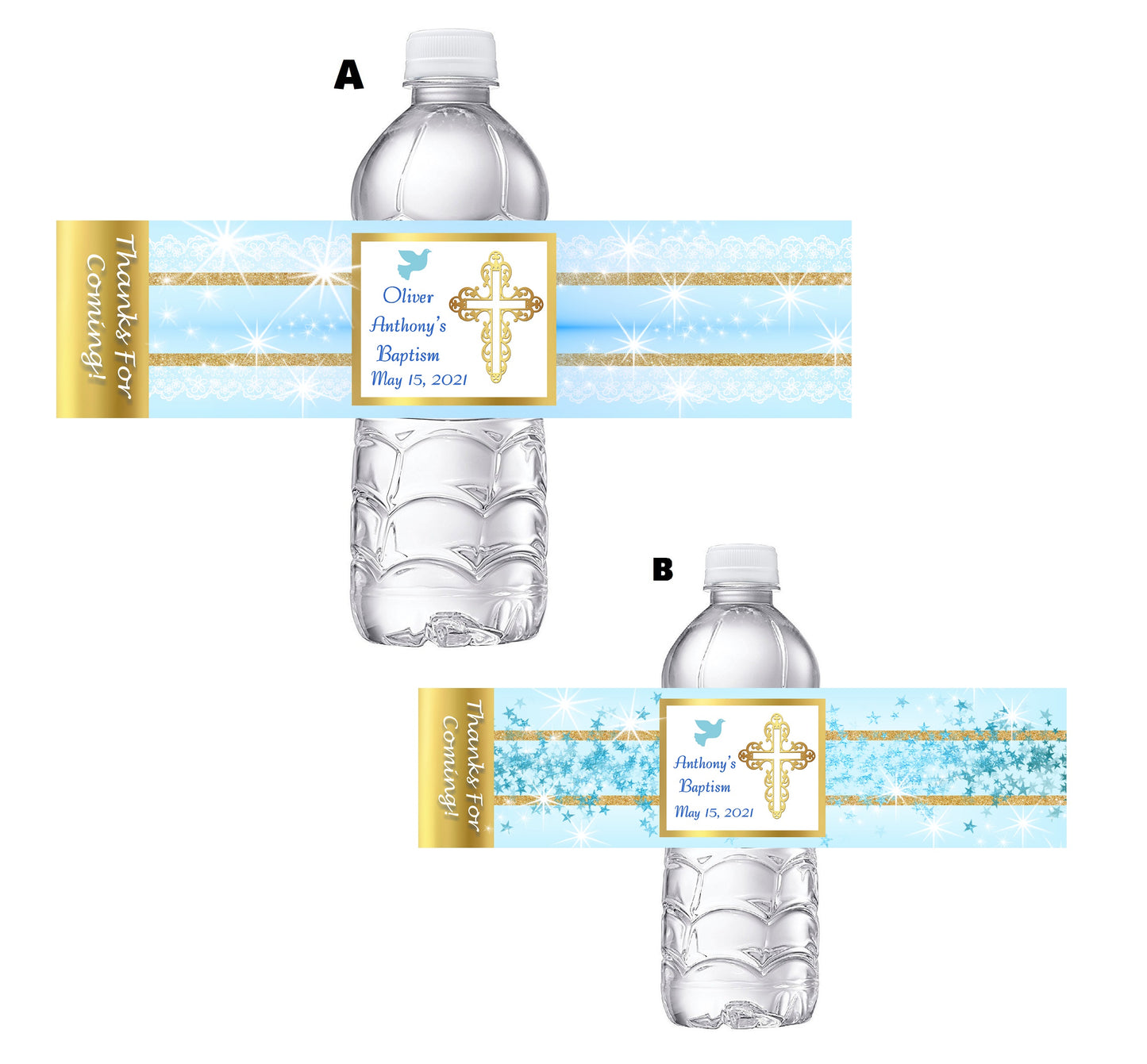 Blue White and Gold Baptism Favors Water Bottle Labels Ideas Supplies Decor