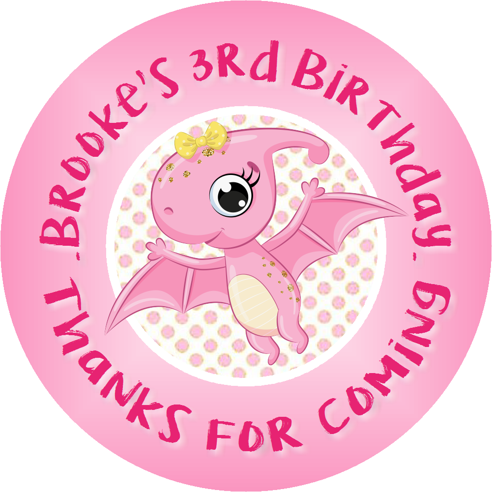 Party Favors Cute Pink and White Baby Girl Pterodactyl Dinosaur Personalized Birthday Round  Stickers  Supplies Labels