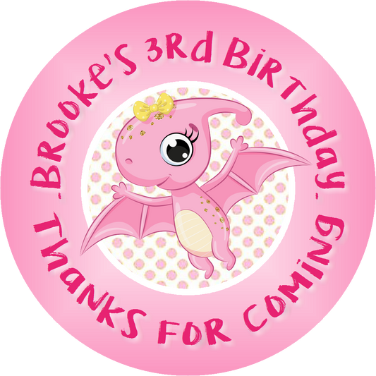 Party Favors Cute Pink and White Baby Girl Pterodactyl Dinosaur Personalized Birthday Round  Stickers  Supplies Labels