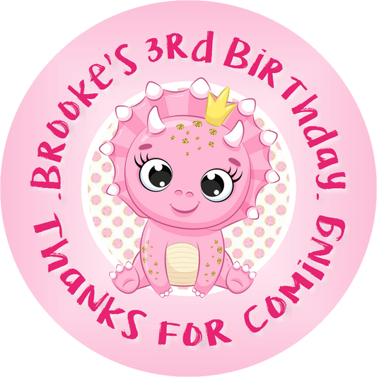 Party Favors Cute Pink and White Baby Girl Dinosaur Personalized Birthday Round  Stickers  Supplies Labels